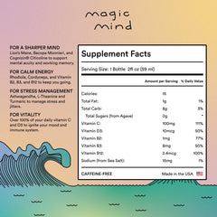Magic Mind energy shot bottle pour close-up suggests smooth consumption without jitters.