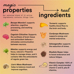 Magic Mind Energy Shot mushrooms illustration points to Lion’s Mane and adaptogens.