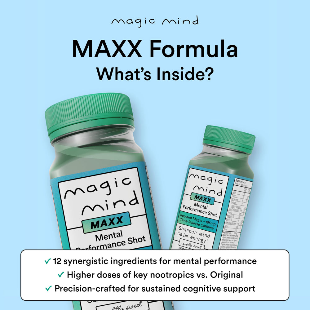 Magic Mind MAXX Energy Shot pour captures rapid distribution into a glass.