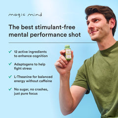 Magic Mind bottle in a glass shows steady, calm energy.