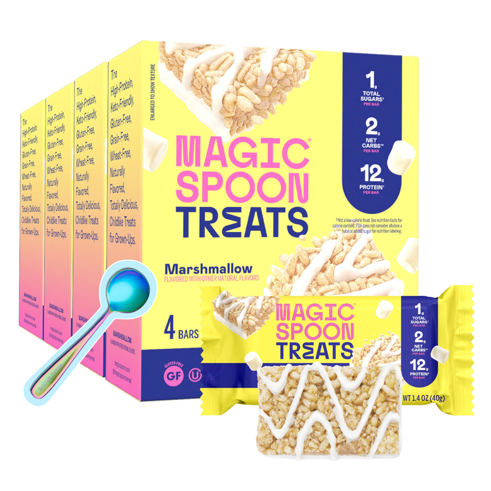 Magic Spoon Treats 16-bar packaging highlights gluten-free, high-protein snack convenience.