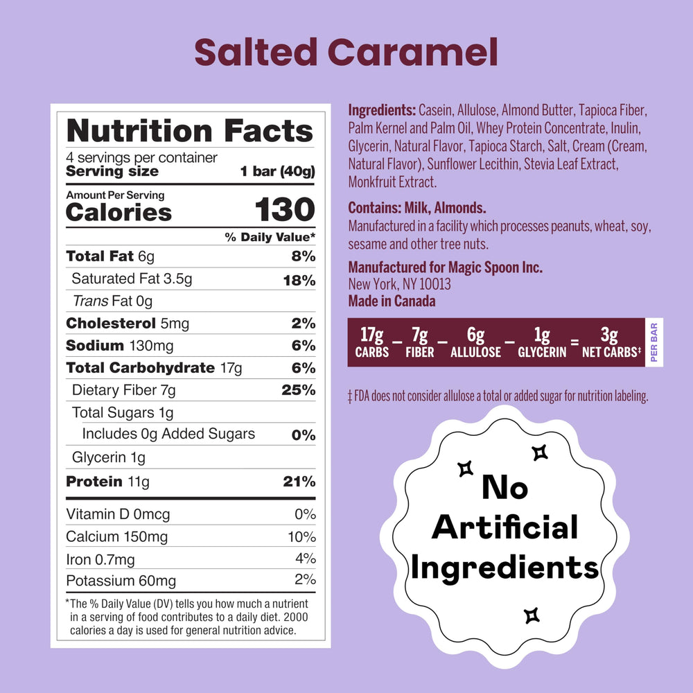 Close-up of Magic Spoon Salted Caramel bar reveals crisp texture and protein crunch.
