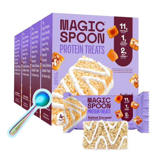 Magic Spoon Salted Caramel box shows a gluten-free, high-protein snack option.