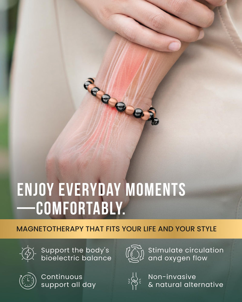 MagnetRX Adjustable Bracelet showing secure fit for various wrist sizes.