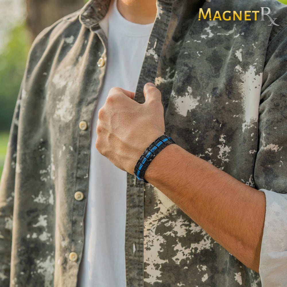 Link adjustment process shown on MagnetRX bracelet for quick sizing.