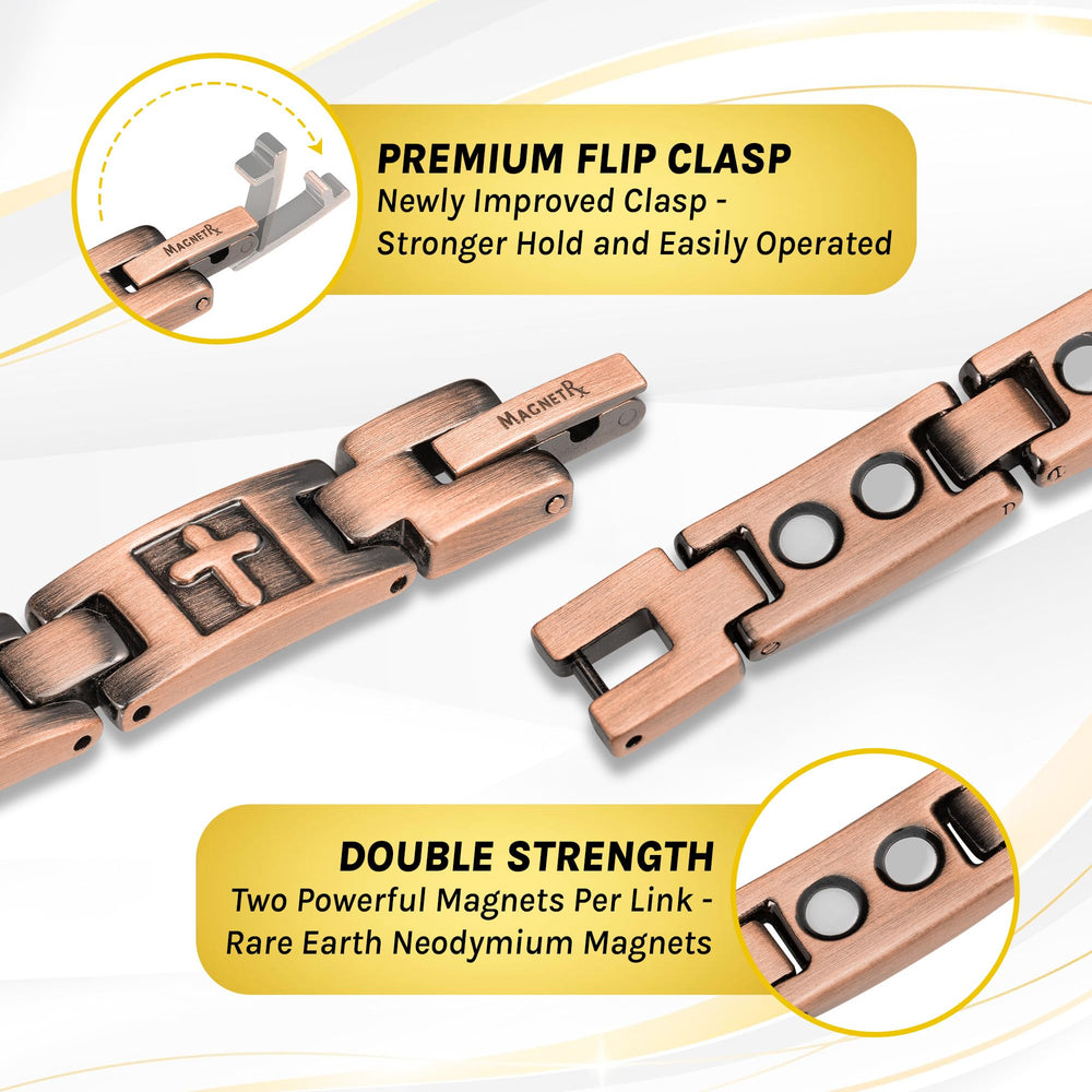 Sizing tool in use with MagnetRX Copper Cross Bracelet provides precise fit