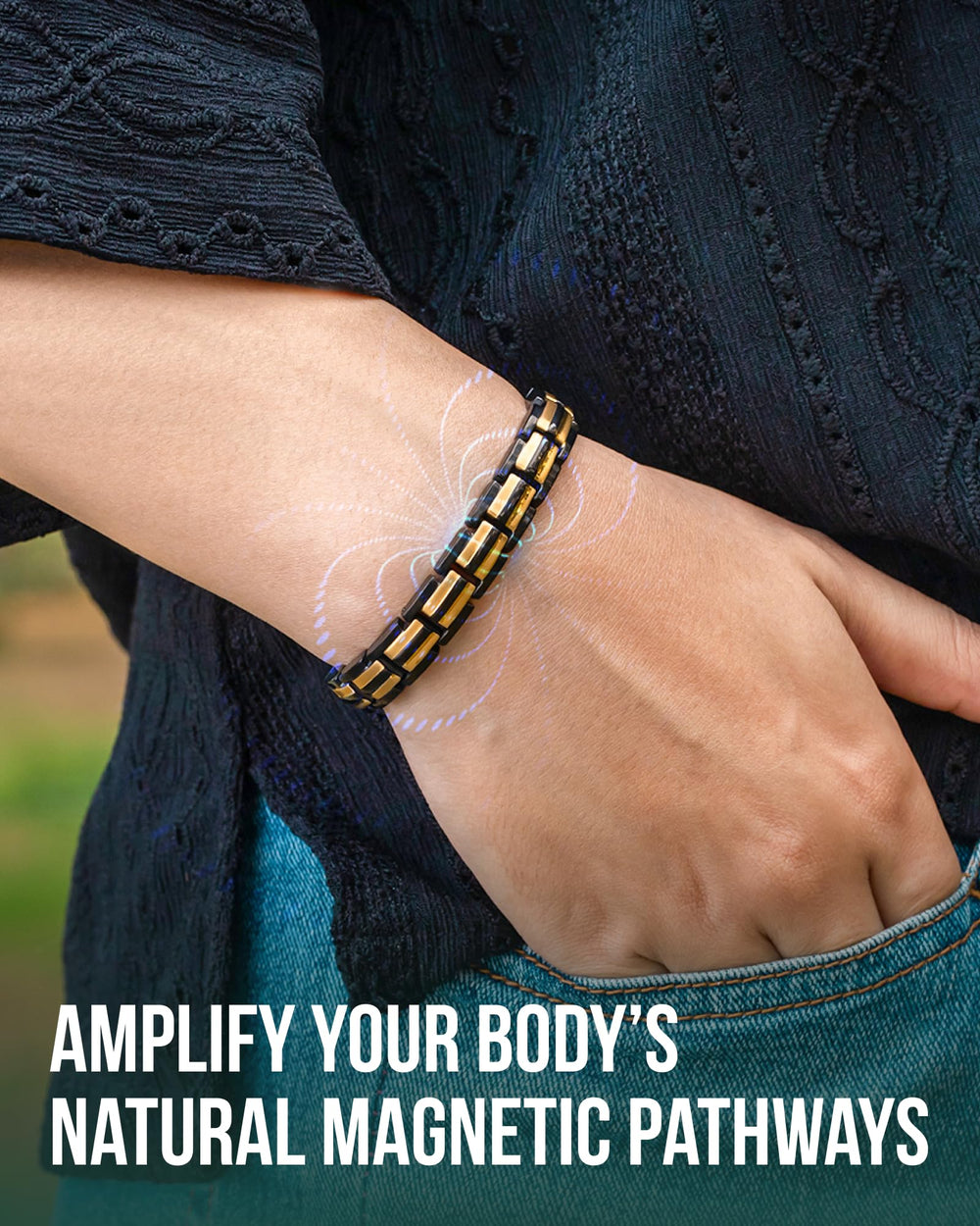 MagnetRX EllipseMAX 8-inch adjustable bracelet with sizing tool for precise fit.