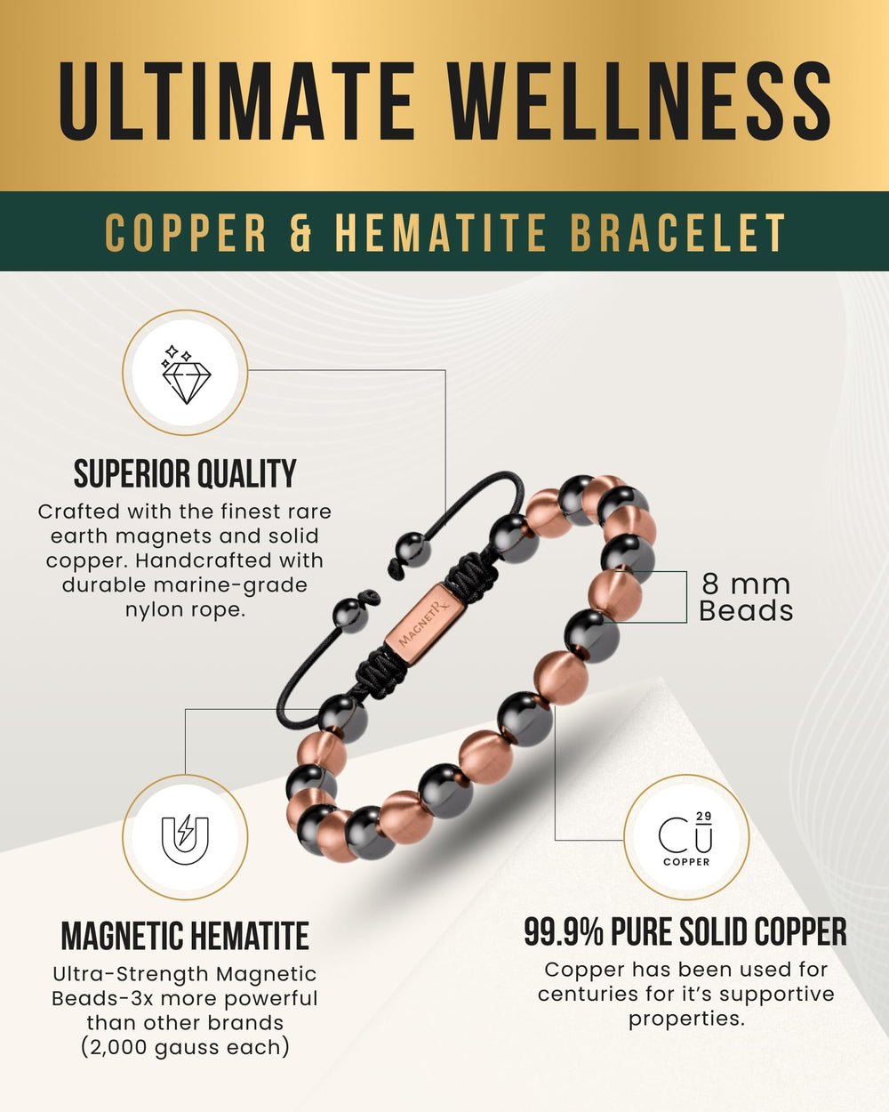 MagnetRX Hematite beads radiate grounding energy on the wrist.