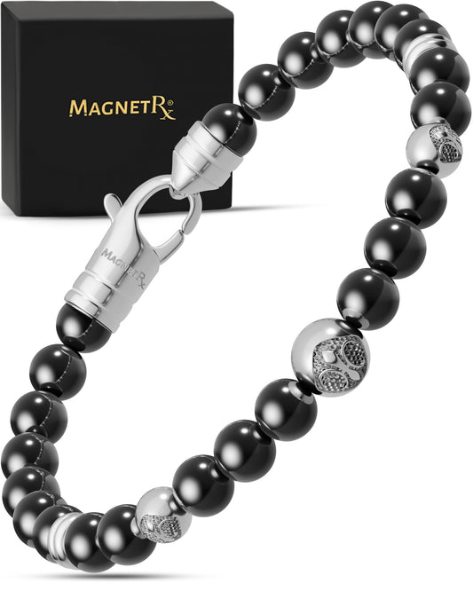 MagnetRX hematite bracelet close-up with 6mm beads and steel clasp for daily wear