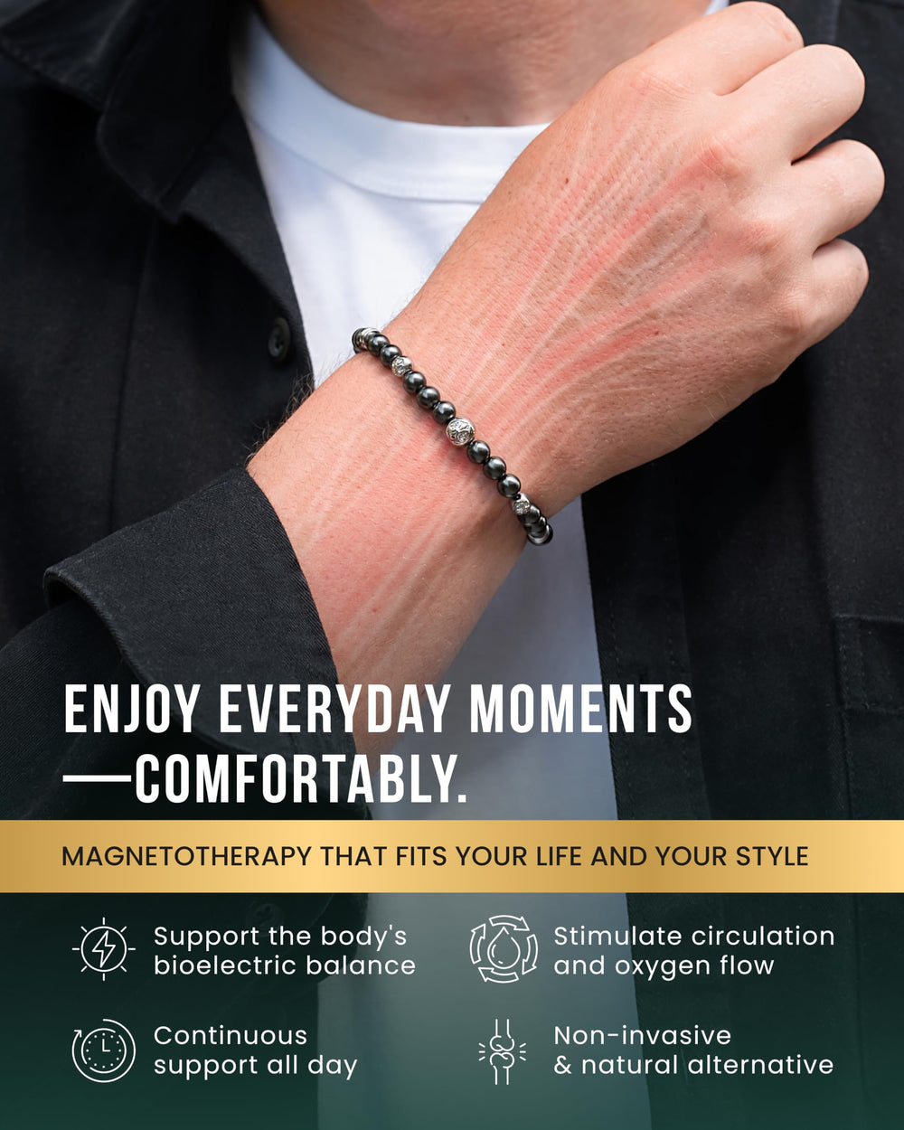 MagnetRX hematite bracelet shows a stainless steel clasp for secure, durable use.