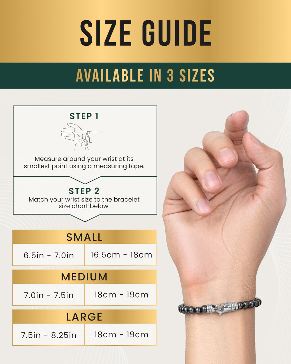 Three sizes of MagnetRX hematite bracelet ensure a comfortable, personalized fit.