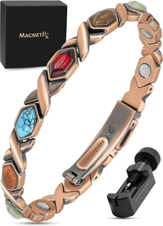 MagnetRX copper bracelet with turquoise stone; versatile color accent for daily outfits.