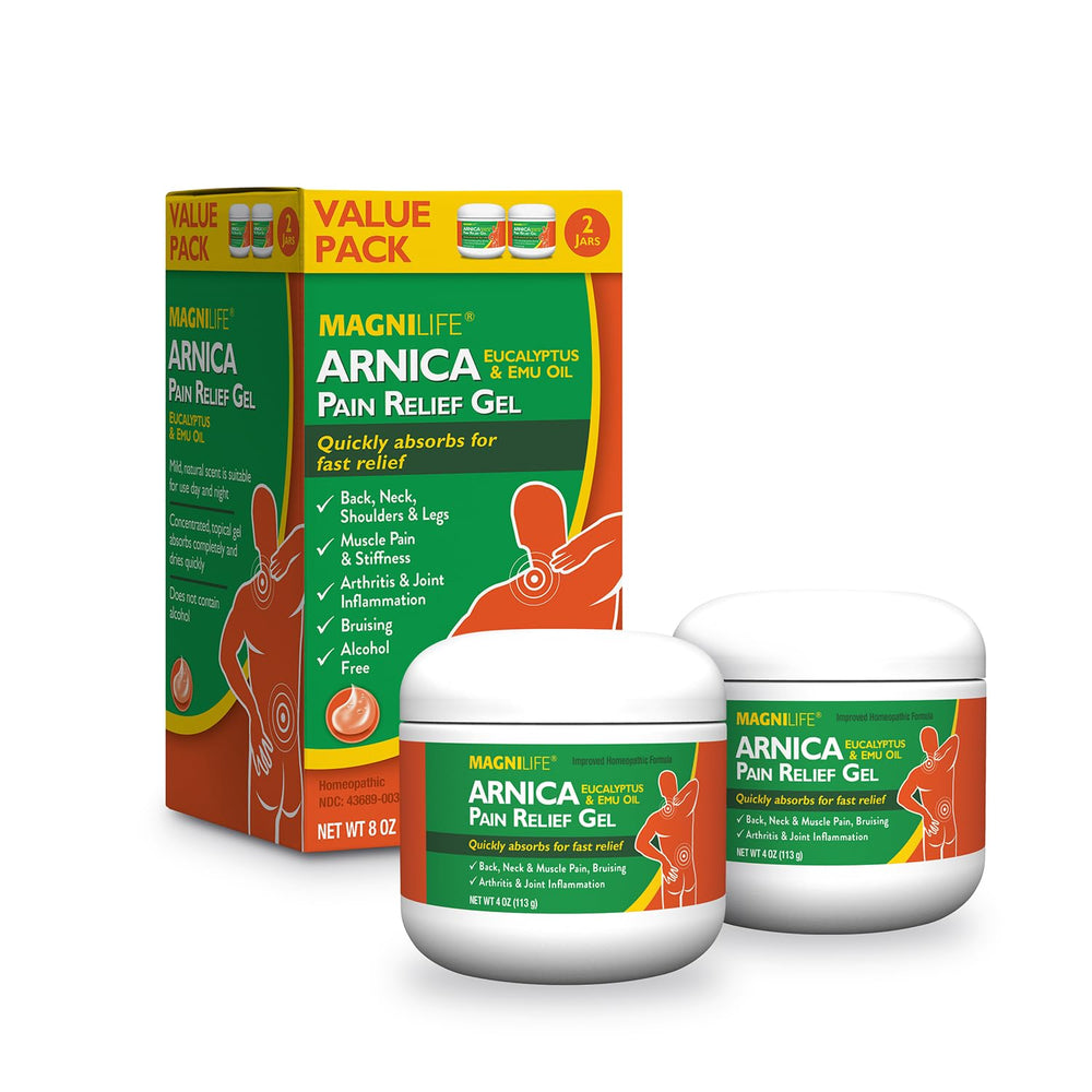 MagniLife Arnica Pain Relief Gel two-pack beside a back area for targeted relief.
