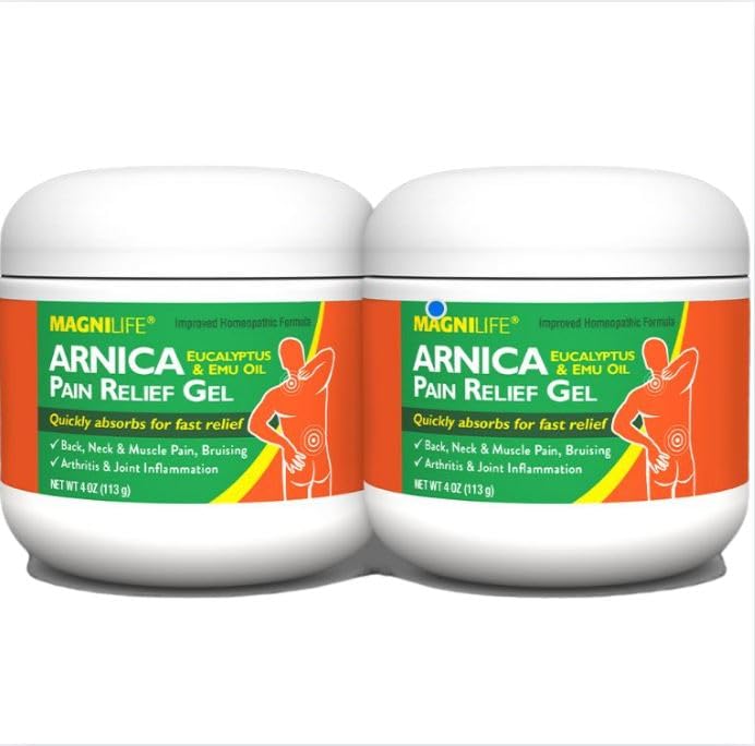 Label highlighting eucalyptus and emu oil in MagniLife Arnica Gel.