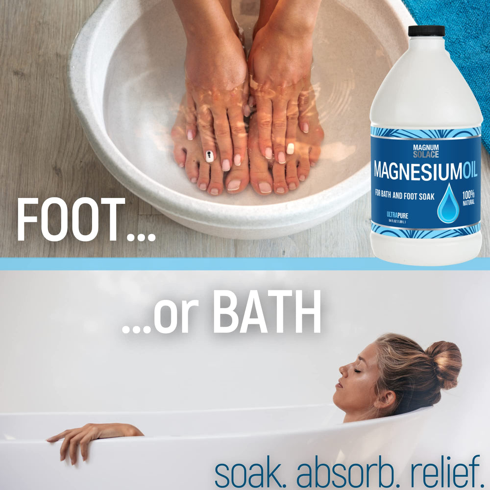 Magnum Solace magnesium oil poured over magnesium bath flakes for soaking