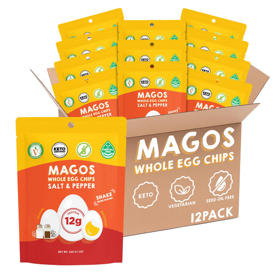 Magos Egg Chips salt and pepper bag front, ready for on-the-go savory snacking.