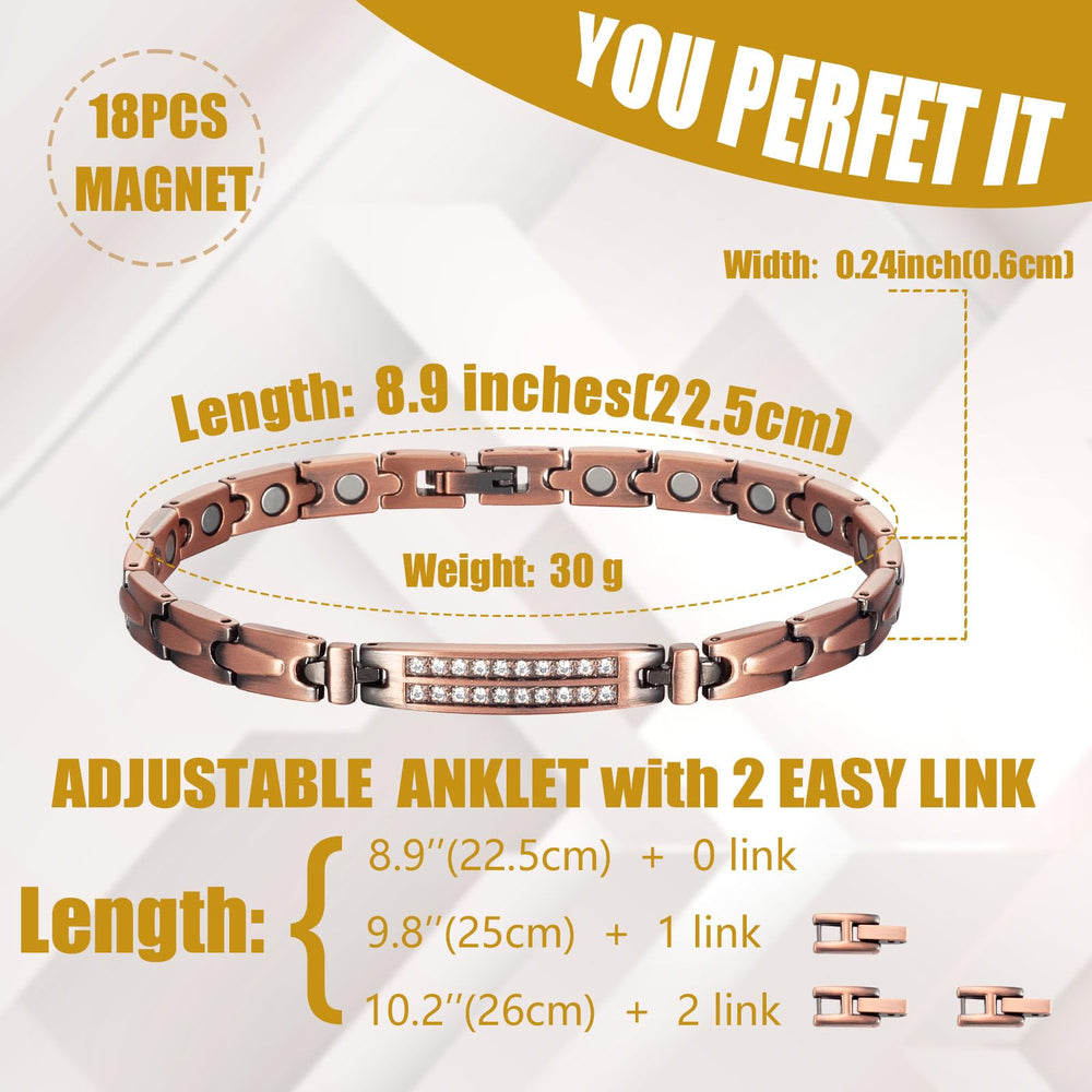 MagVIVACE copper ankle bracelet adjustable length with two easy links for home fit.