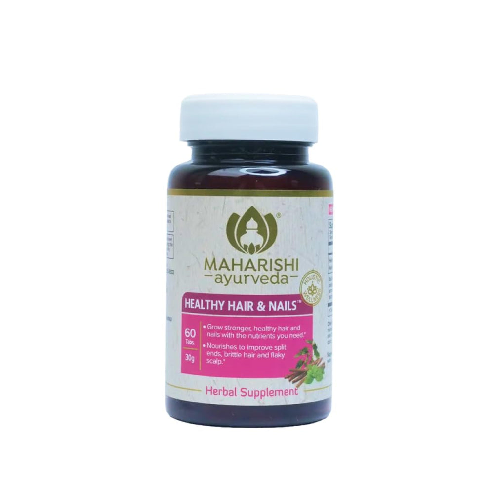 Maharishi Ayurveda Healthy Hair & Nails bottle front showing internal support