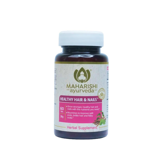 Maharishi Ayurveda Healthy Hair & Nails bottle front showing internal support