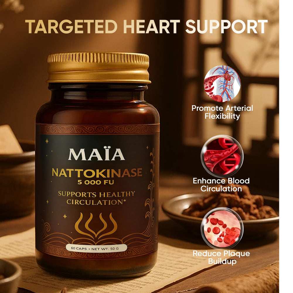 Close-up of Maia Nattokinase capsules highlighting plant-based formula