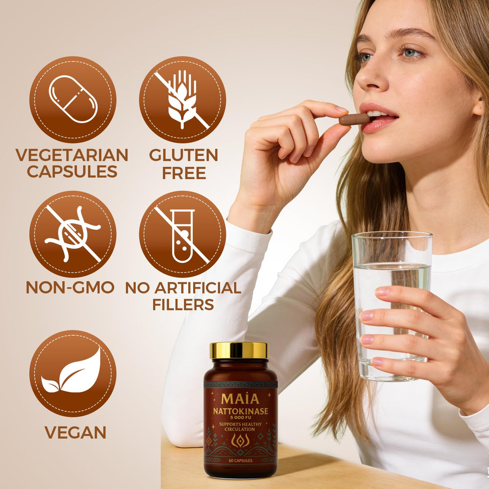 Maia Nattokinase capsules in hand for convenient daily supplementation.