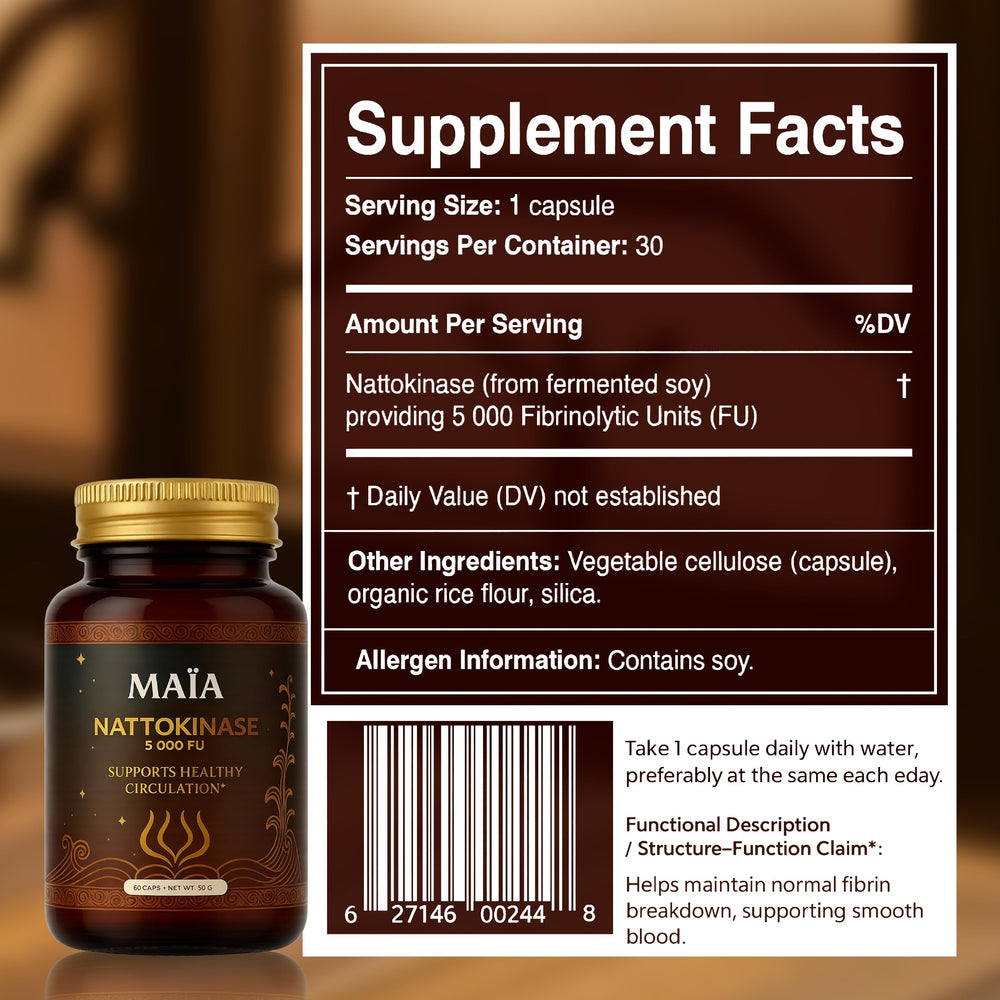 Maia Nattokinase packaging box beside product leaflet