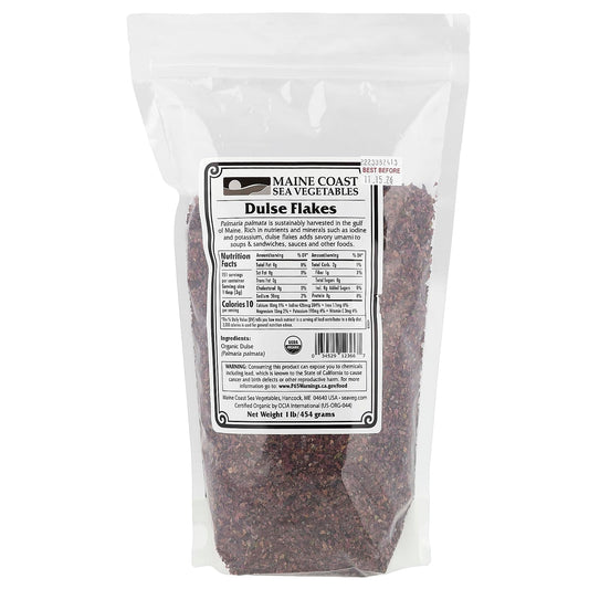Maine Coast Dulse Flakes 1lb bottle shown for savors like umami in soups and sandwiches