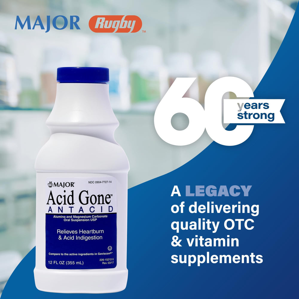 MAJOR Acid Gone liquid pour showing easy dose for after meals.