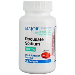 MAJOR Docusate Sodium softgels pack shown, a gentle non-stimulant option for occasional constipation.