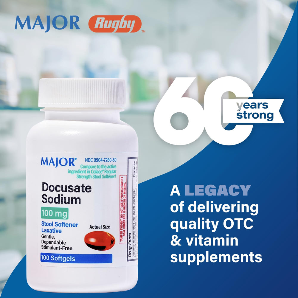 MAJOR Docusate Softgels bottle with easy-to-swallow capsules for convenient use.