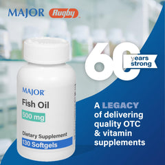 MAJOR Fish Oil Softgels label close-up highlighting omega-3 content