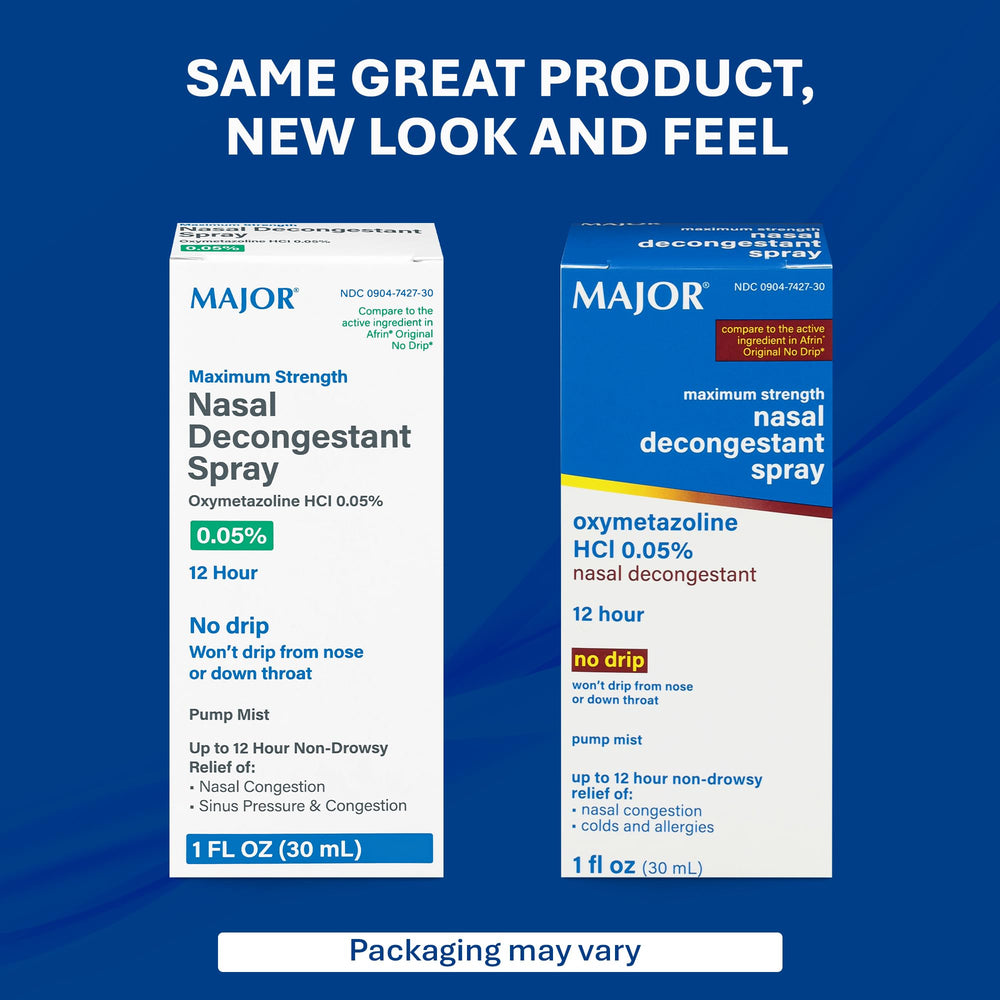 MAJOR maximum-strength nasal spray packaging shows bottle and box for convenient stocking.