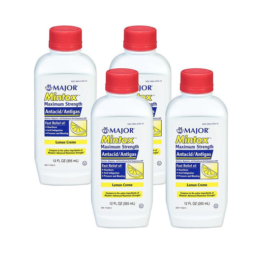 Major Mintox bottle shows lemon creme formula for quick heartburn relief.
