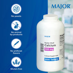 MAJOR Oyster Shell Calcium bottle featuring gluten-free and no artificial flavors on label.