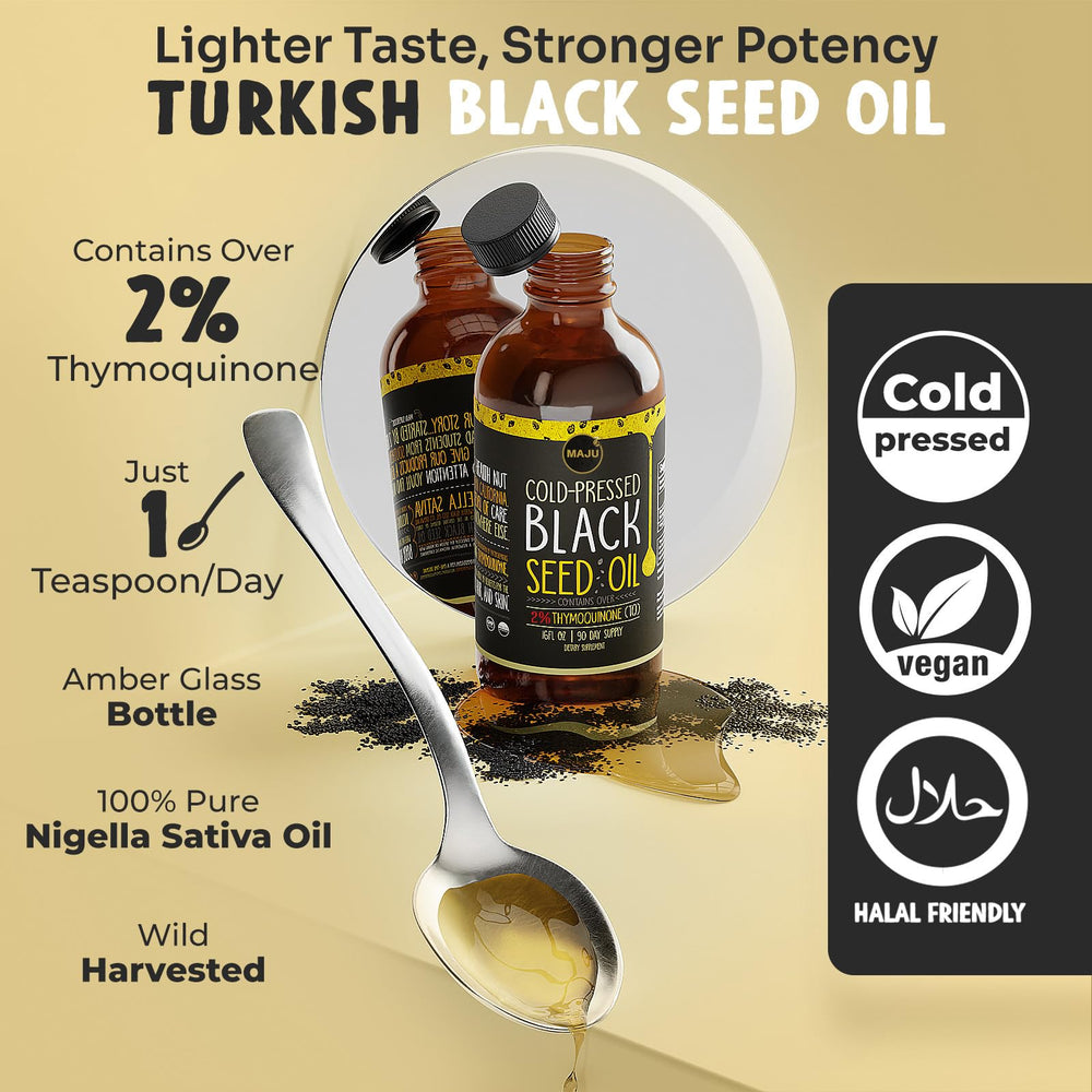 MAJU Black Seed Oil label close-up emphasizing quality and 16oz size