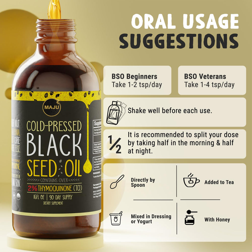 MAJU Black Seed Oil illustration suggesting joint, skin, and immune support