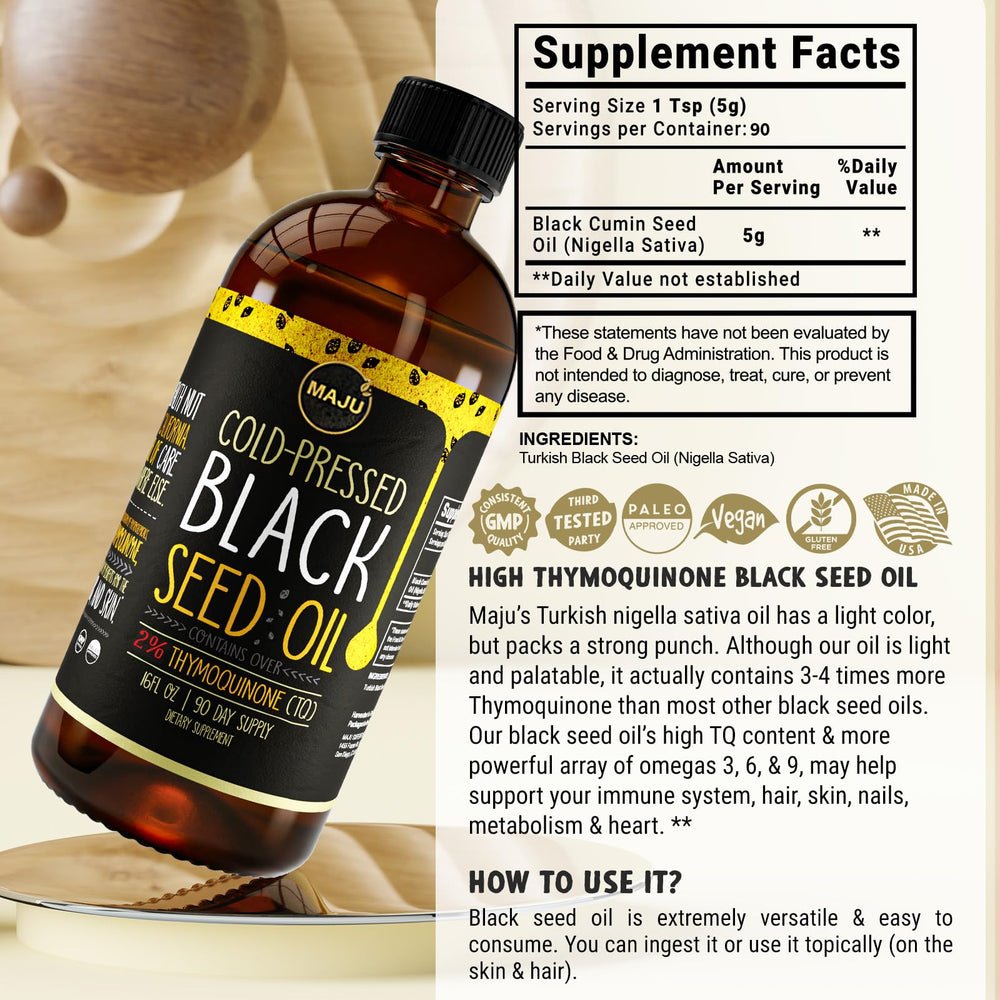 MAJU Black Seed Oil on kitchen counter ready for daily supplementation