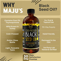 MAJU Black Seed Oil label detail highlights non-GMO purity