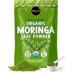 MAJU Organic Moringa Powder 1lb packaging emphasizes premium quality.