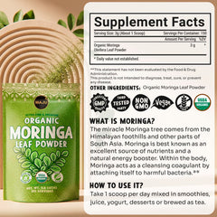 Bottle of MAJU Organic Moringa Powder ready for smoothies.