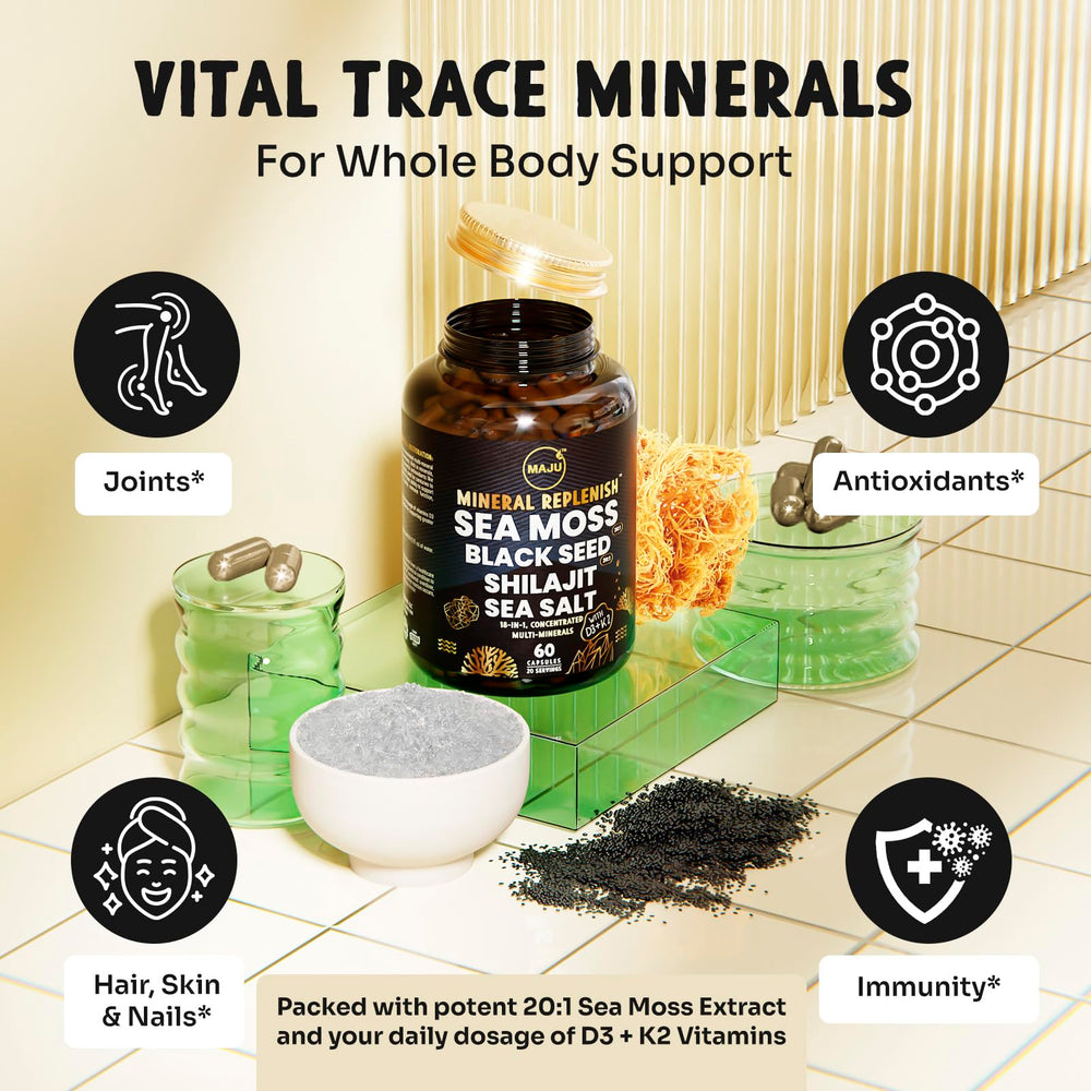 Maju Superfoods black seed sea moss capsules for balanced nutrition.