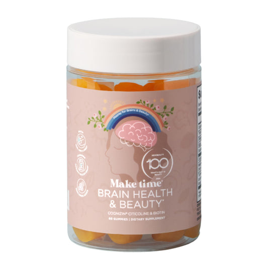 MAKE TIME Brain & Beauty Gummies bottle for daily focus and radiant hair.