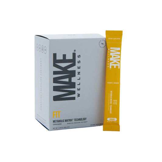 Make Wellness FIT Peptides bottle with scoop showing post-workout recovery support.