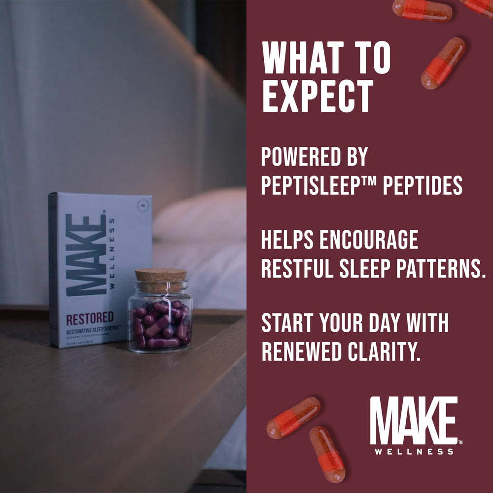 Make Wellness Restored label closeup highlighting key wellness benefits.