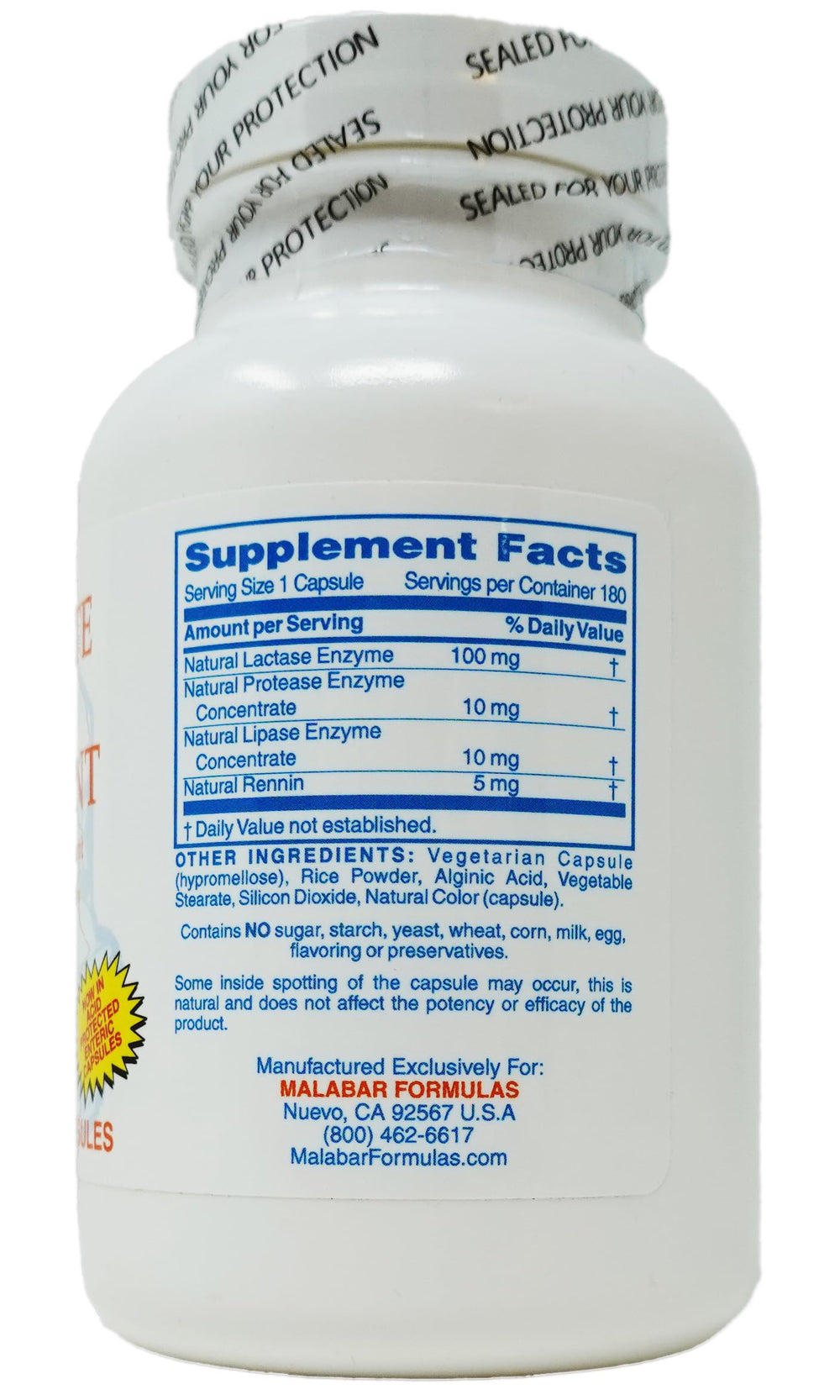 Malabar Complete Milk Digestant bottle side view highlighting lactose and fat digestion
