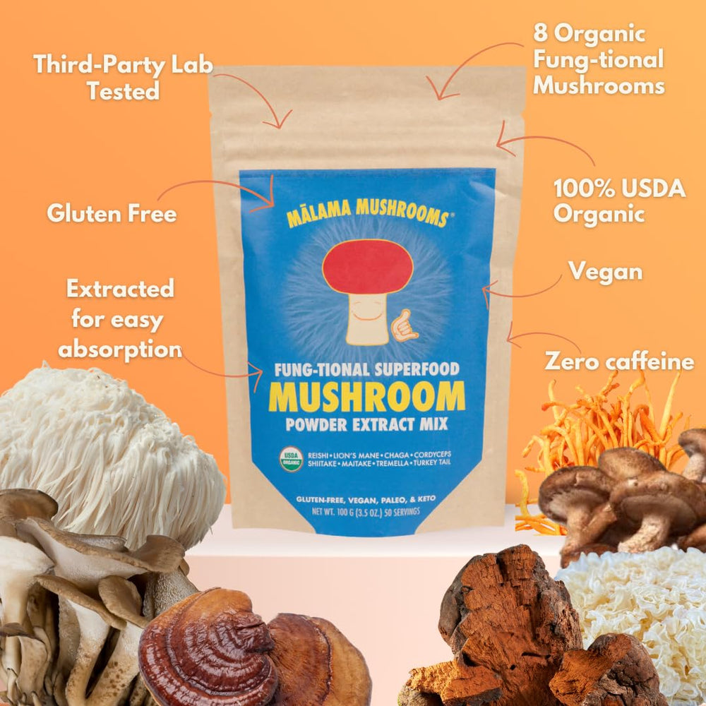 Malama Mushrooms 8-Mushroom Powder jar label, organic fruiting bodies for better bioavailability