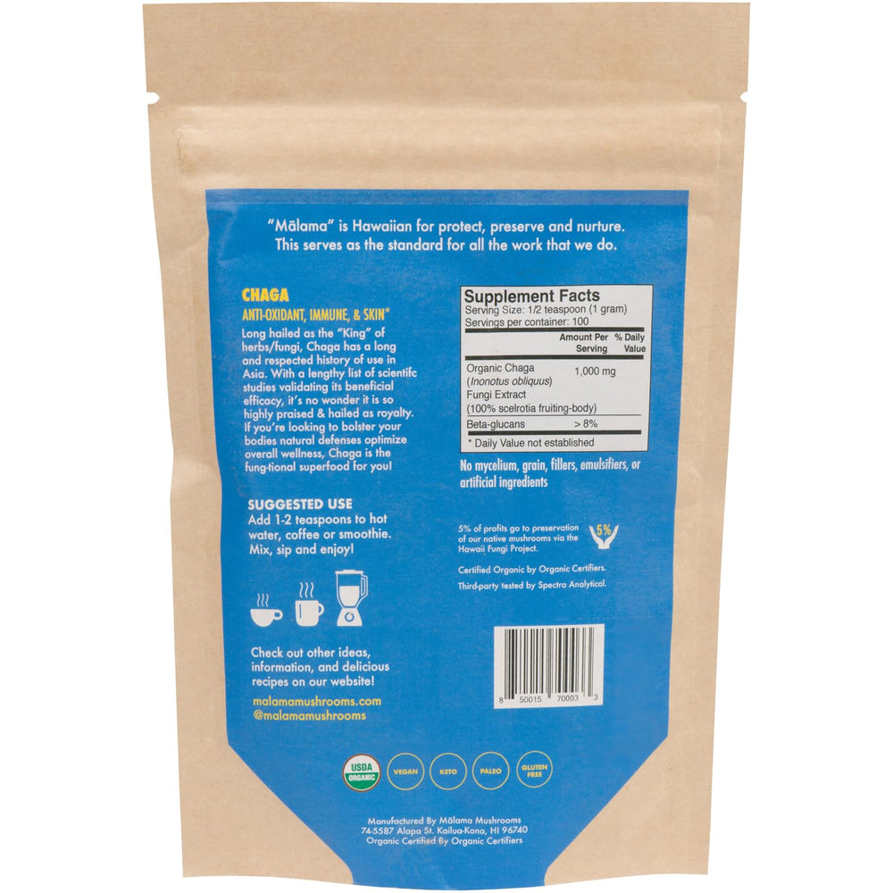 Malama Chaga powder with scoop for easy daily ritual and energy support.