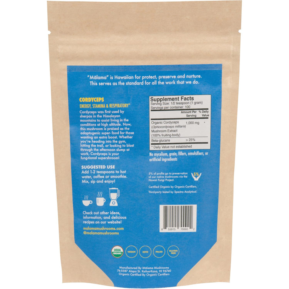 MALAMA MUSHROOMS Cordyceps powder jar highlights purity and premium form