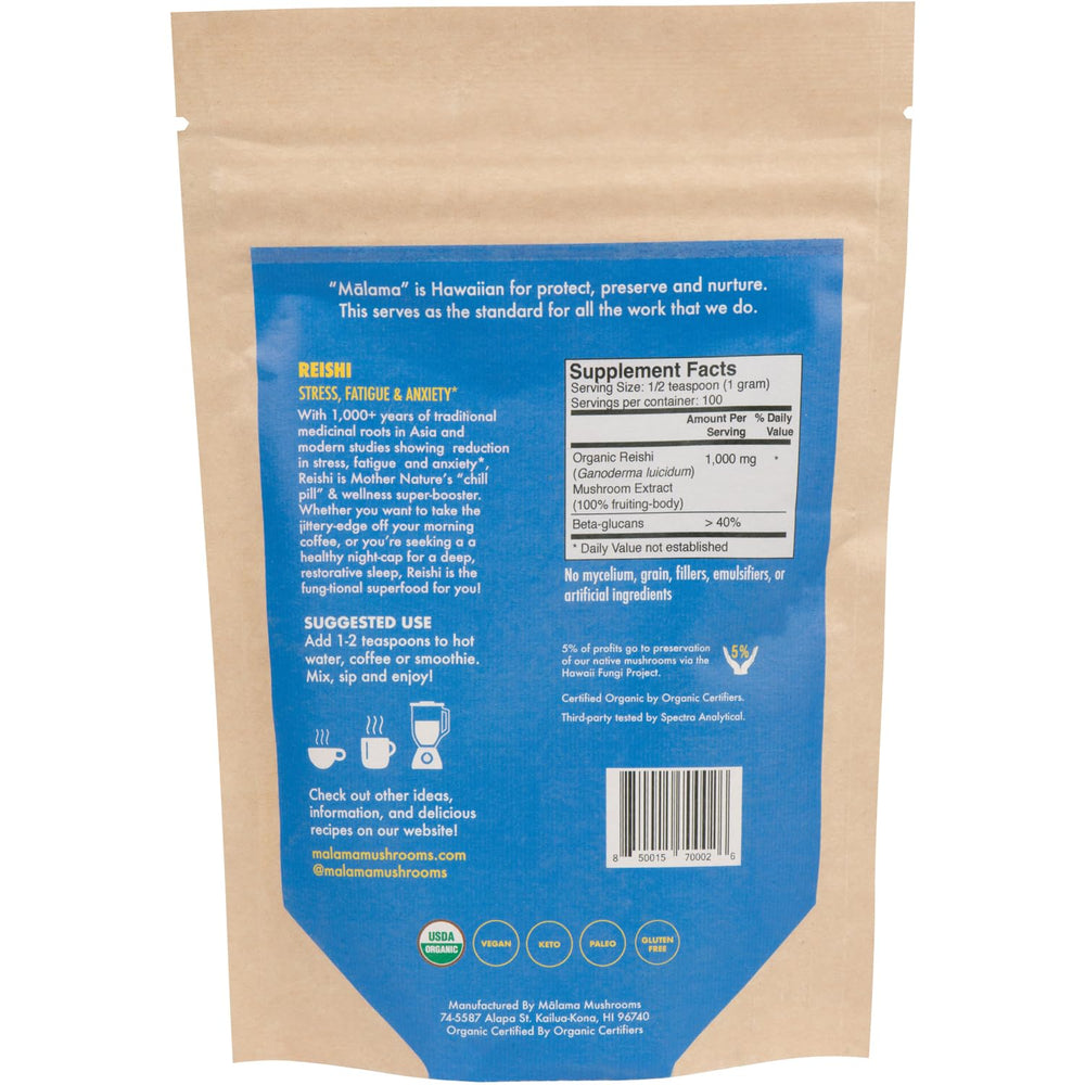 Malama Mushrooms Reishi powder spoon-dispense makes portioning easy for smoothies or tea.