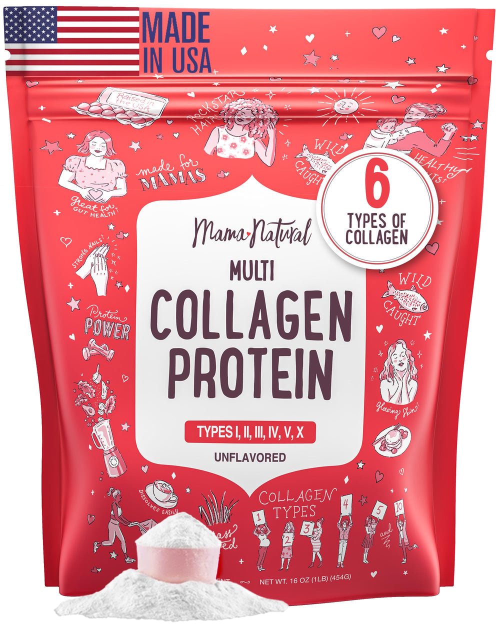 Mama Natural Multi Collagen Powder bottle pour for easy daily use.